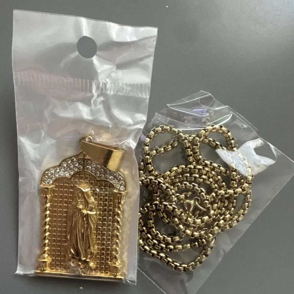 Gold Plated Virgin Mary Stainless Steel Pendant Jesus Christ Cubic Zirconia 24”